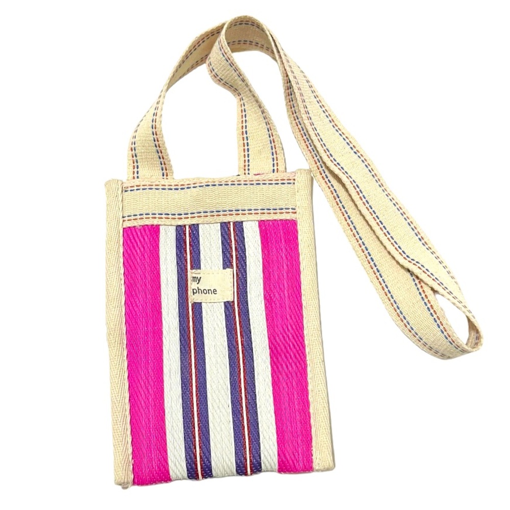 ZARA Stripe Phone Holder Crossbody Bag – Pink, Purple & Cream Canvas Pouch